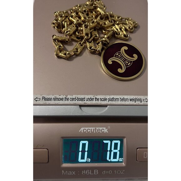 Celine Triomphe Logo Red Enamel Gold Tone Medallion Pendant w/Necklace - Picture 12 of 12